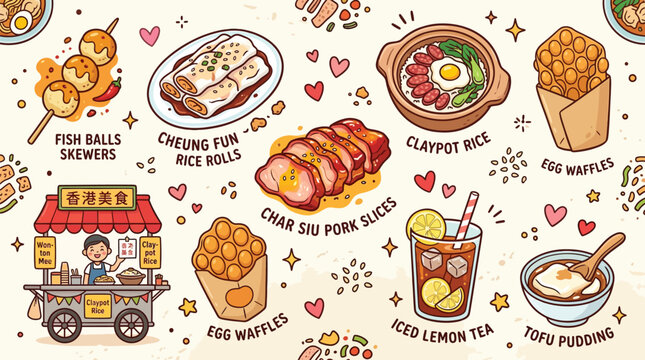 A colorful cartoon illustration of various Hong Kong street food and drinks, including fish balls, rice rolls, claypot rice, egg waffles, char siu, iced lemon tea, and tofu pudding.