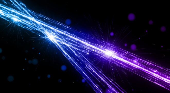 未来的なデジタル空間を走る青と紫の光のライン 高速通信とAIイメージの抽象背景