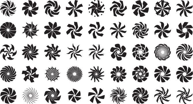 Abstract spiral sunburst and circular vortex silhouette icon set