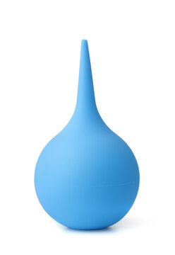 Front view of blue rubber bulb syringe
