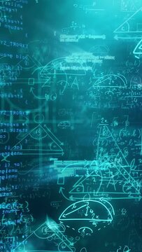 Vertical video: Bright flare sweeping left, teal formulas layer shifting and showing math for tech