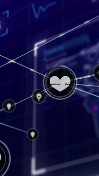 Vertical video: HUD opening centering heart hub pulsing and sending light trails for health data