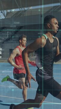 Vertical video: Sports cue starting leader running blue track as chaser chasing, HUD showing pace
