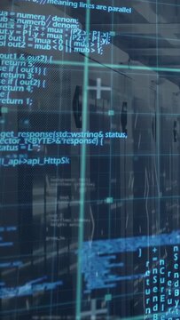 Vertical video: Faint blue grids starting AR diagnostic overlay, revealing code over server racks