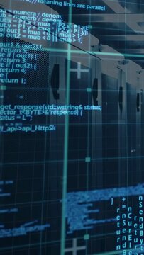 Vertical video: Server racks receiving scan, showing scrolling code, shifting view to show health