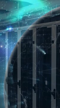 Vertical video: Data stream starting holo planet rotating in data hub, casting HUD visualizing data