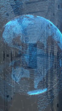 Vertical video: Phone starting holo globe forming rotating showing South America over panel mapping