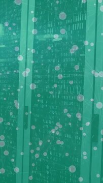 Vertical video: Camera starting up-right moving revealing teal panel bokeh drifting showing pattern