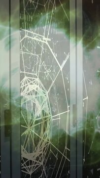 Vertical video: Green mist starting wireframe forming spinning growing into web fading off glass