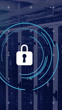 Vertical video: Padlock appearing over server racks, grid sparking spinning rings scanning security
