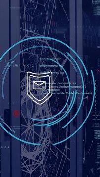 Vertical video: Mail shield center scan starting cyan rings spinning, code appearing, for security