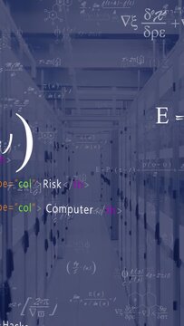 Vertical video: Math derivative appearing, overlays stacking over server aisle showing cyber risks