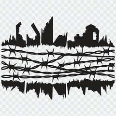 Obraz premium Barbed Wire and Ruined Cityscape Border. vector wire