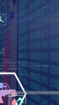 Vertical video: On load data wall streaming numbers while hex icons shifting to show metrics