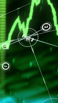 Vertical video: Striped arrow pulsing, green chart rising, HUD icons linking, showing value 57