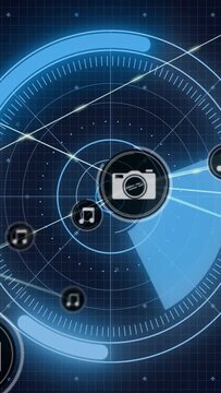 Vertical video: Rotating wedge sending music icons orbiting to center camera hub for tech use