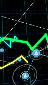 Vertical video: Data network on input, tracing neon trends and pulsing nodes mapping interaction