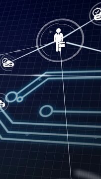 Vertical video: Businessperson icon activating via cyan trace, forming cloud links for tech network