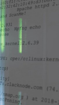 Vertical video: Camera shifting focus revealing terminal scrolling text and green bar showing scan