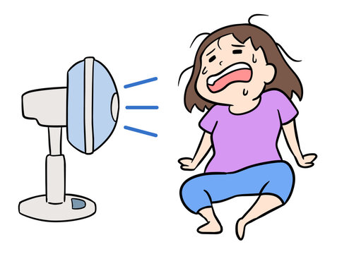 暑さで汗だくになり手を後ろについてへたりこみ、扇風機の風を浴びるコミカルな女性