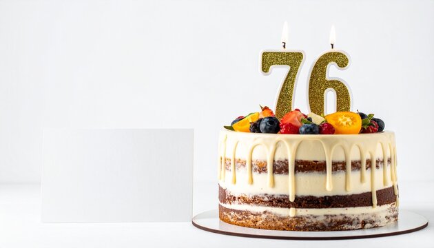 Birthday cake with number 76 candle and blank card with room for own message