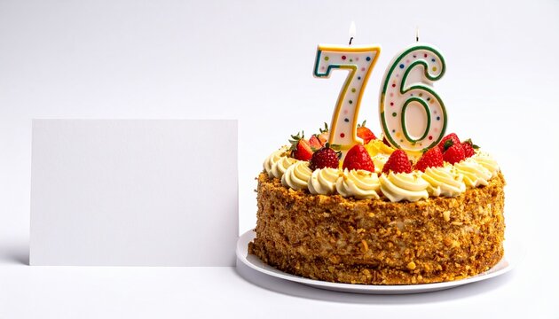 Birthday cake with number 76 candle and blank card with room for own message