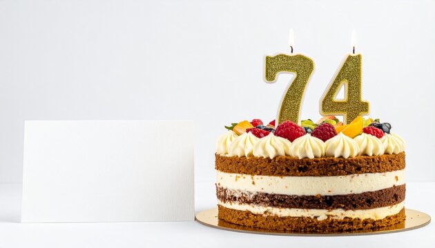 Birthday cake with number 74 candle and blank card with room for own message