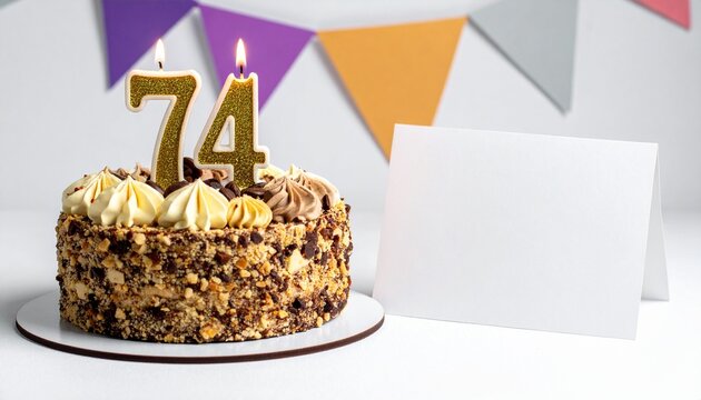 Birthday cake with number 74 candle and blank card with room for own message