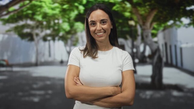 Woman with crossed arms showing hands and forearms smiling confidently on street lined with trees and building facades; confidence approachability.