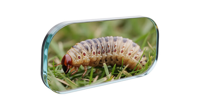 Close up of a white grub worm crawling on green grass, macro insect photography with detailed texture