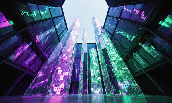 Prism Chamber of Digital Prosperity - Angular interior in polished glass and metal, filled with gradients of violet and emerald