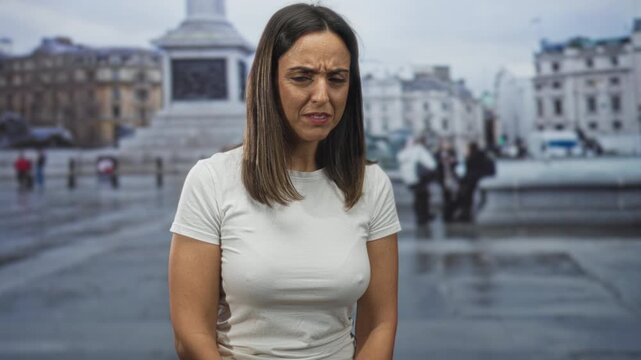 Woman frowning with tense expression in a white t-shirt, hands relaxed at sides, posed before a city square monument backdrop in a studio; unease.