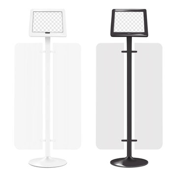 Floor ipad stand with blank graphic banner holders. White, black. Realistic 3d vector mockup. Transparent screen display digital tablet kiosk front view. Easy editable mock-up. Template for design