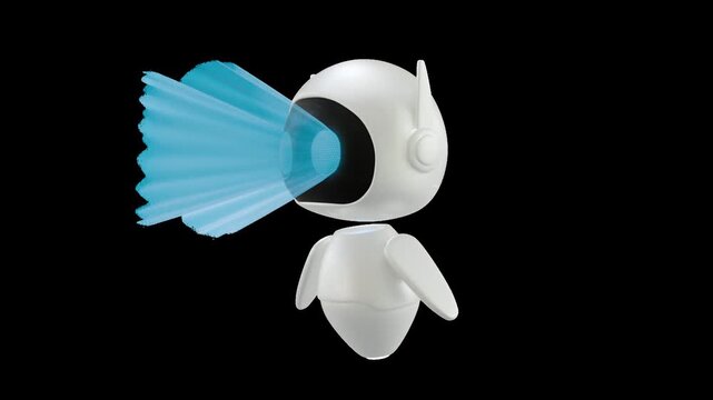 White mini robot projects a blue light beam with his eyes. He scanning area with holographic eyes. MOV Transparent video. Looping.