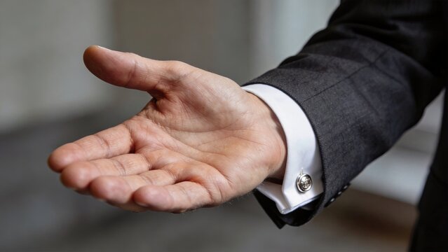 Businessman hand extending in a formal gesture offering help greeting or presenting an idea professional corporate environment closeup of male hand with suit cuff and cufflink