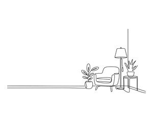 Fototapeta premium Minimalist continuous line drawing of a cozy armchair with a floor lamp and potted plants in a room