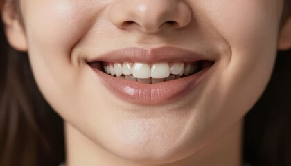 Naklejka premium Young woman smiling with perfect white teeth showing close-up portrait in soft natural light