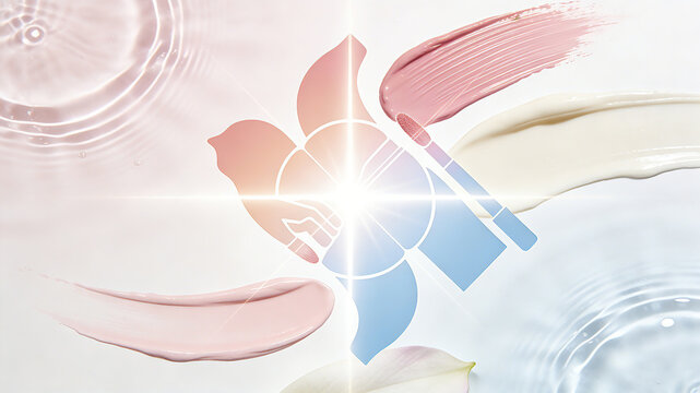 Makeup cream and lotus symbol represent the combination of makeup and skincare, suitable for promoting base makeup and lip makeup products.
