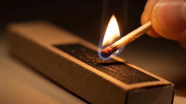 Close-up of match being struck on matchbox and igniting flame, fire ignition moment, heat and light, simple action detail, safety concept, warm lighting
