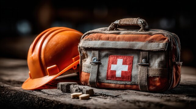 top view of an orange hard hat and first aid box on a dark dramatic background with empty copy space, realistic lighting and safety concept 