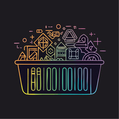 Fototapeta premium Gradient Outline Container Filled With Abstract Digital Icons And Binary Code on Black Background