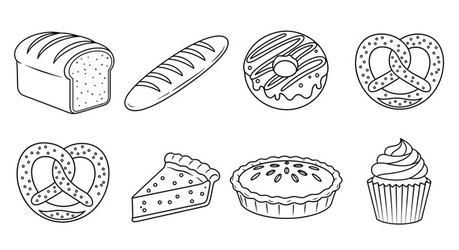 Bakery icons, food illustrations, bread and desserts, vector graphics