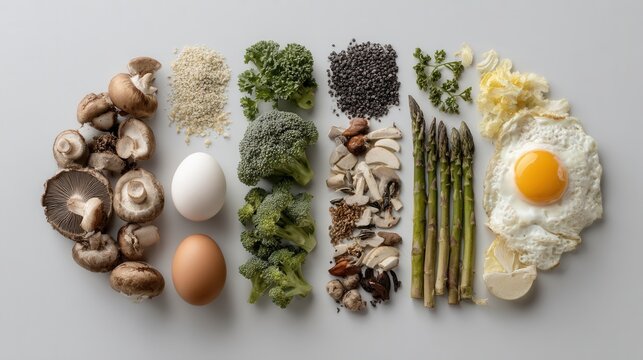 bright green background with top view keto foods including salmon, avocado, eggs, nuts, and seeds, with half copy space for social media or infographic