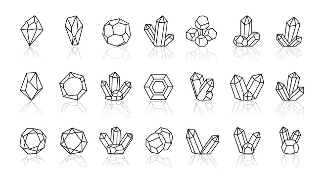Crystal, gemstone, mineral icons, 20 crystal shapes, black line art