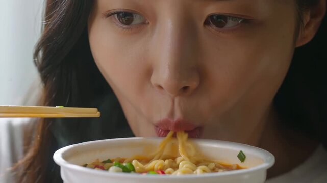 Close-up of woman eating instant noodles from cup with chopsticks, lifting steaming ramen, quick meal concept, casual eating, comfort food, indoor lifestyle