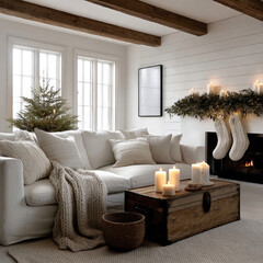Obraz premium Cozy cottage farmhouse living room with white sofa, wooden beams, candles, fireplace, and holiday decor create warm inviting atmosphere