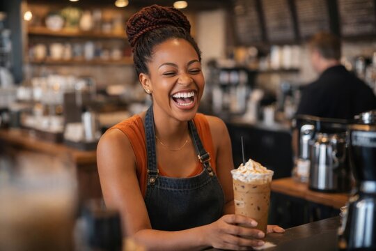 Barista joyfully serving iced coffee.