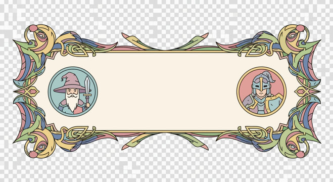 Ornate Medieval Banner with Wizard and Knight Portraits.