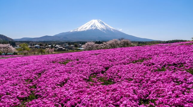 Mount Fuji and a field of pink moss phlox flowers