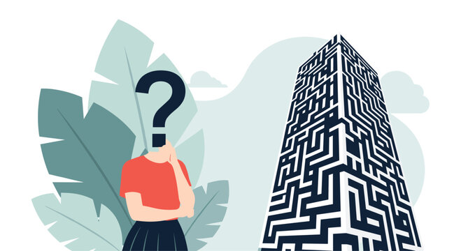 Person with a question mark covering their face looks up at a massive skyscraper built in the shape of a complex and difficult maze.